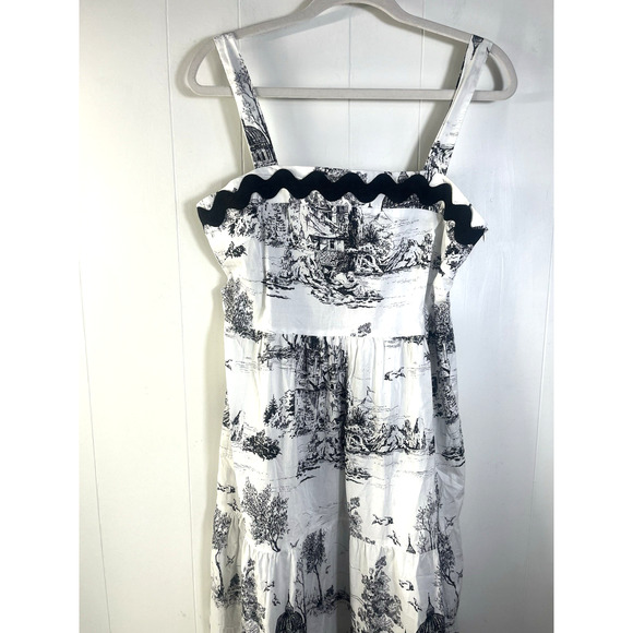 Umgee Toile Tiered Midi Dress Black White French Country Ric Rac Trim Medium New - Picture 6 of 12